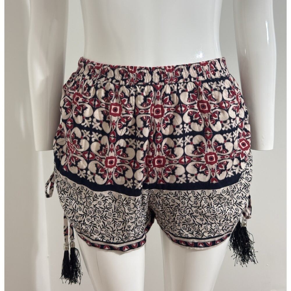 Angie Womens Boho Print Shorts Red Black White Tassel Side Tie Festival Size L